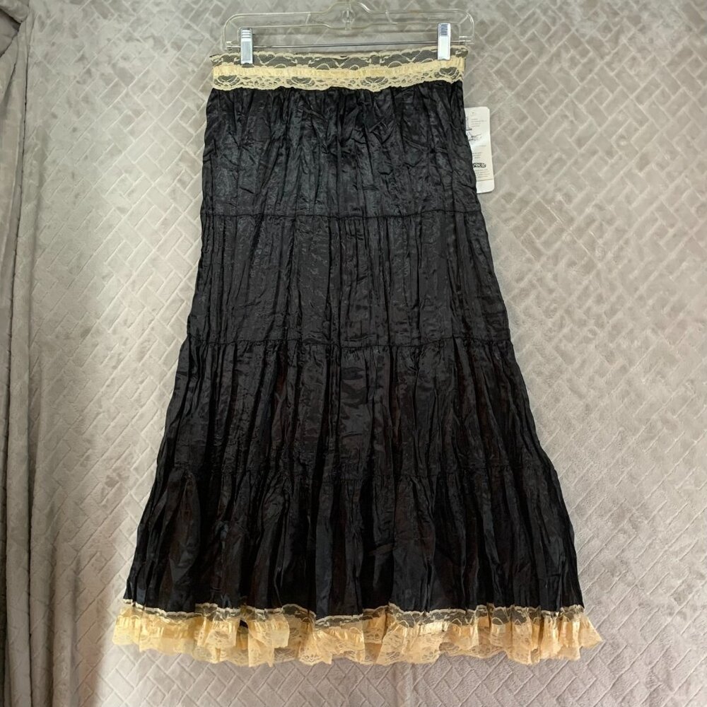Real Clothing C Skirt Womens Small Black Tiered Silky Satin Midi Lace Trim